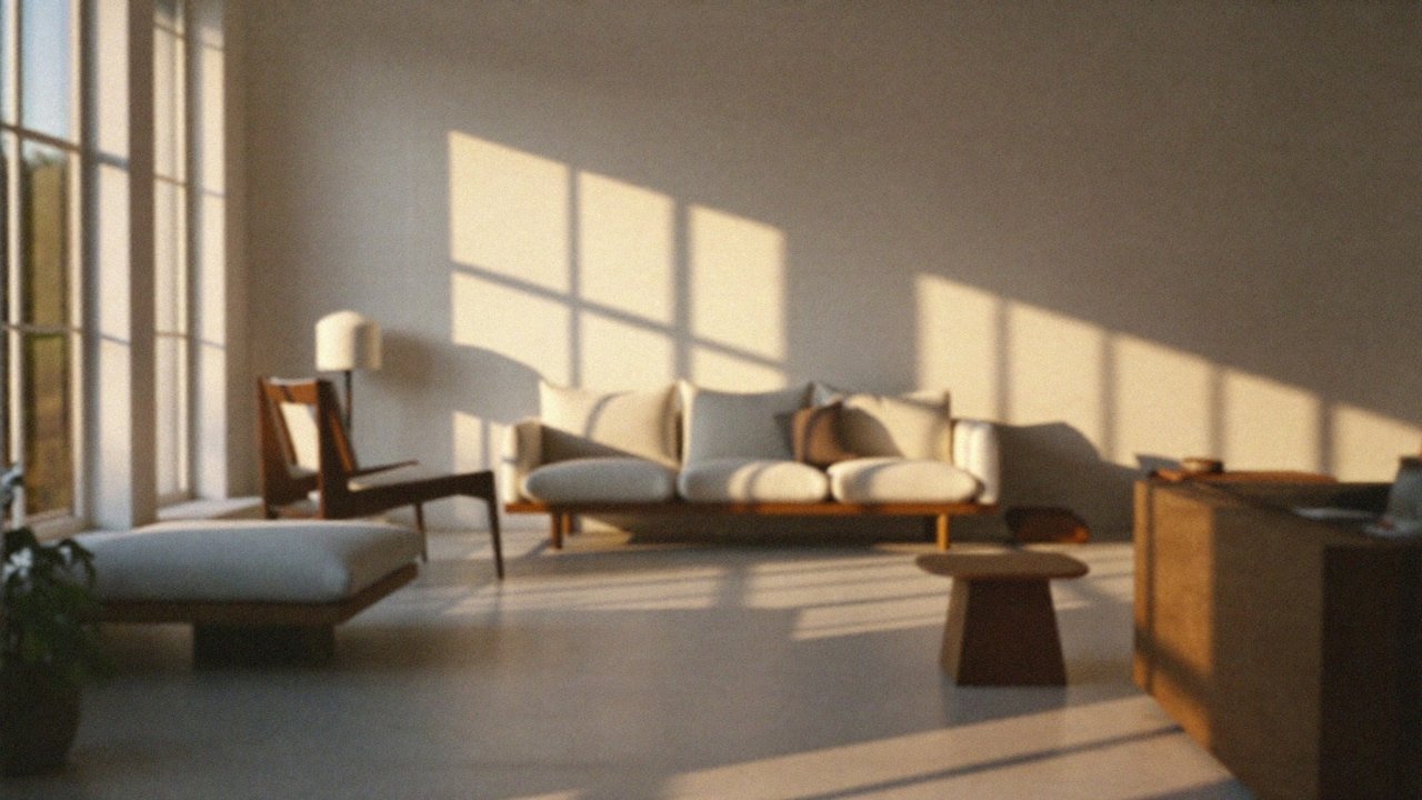 Modern living room interior at golden hour