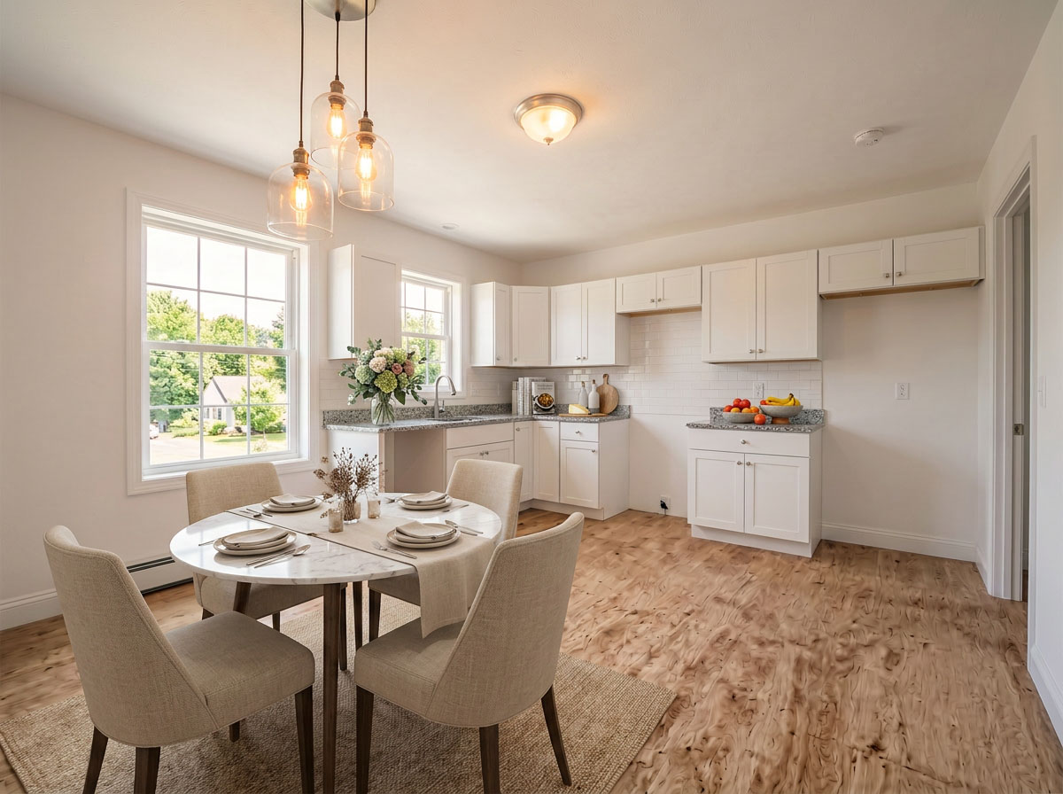 After interior visualization — open kitchen and dining