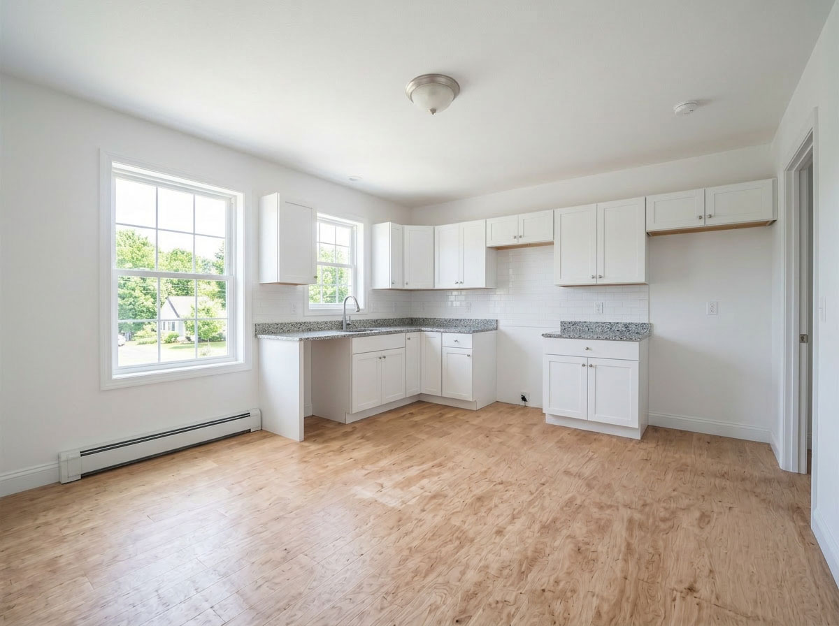 Before interior visualization — empty kitchen and dining